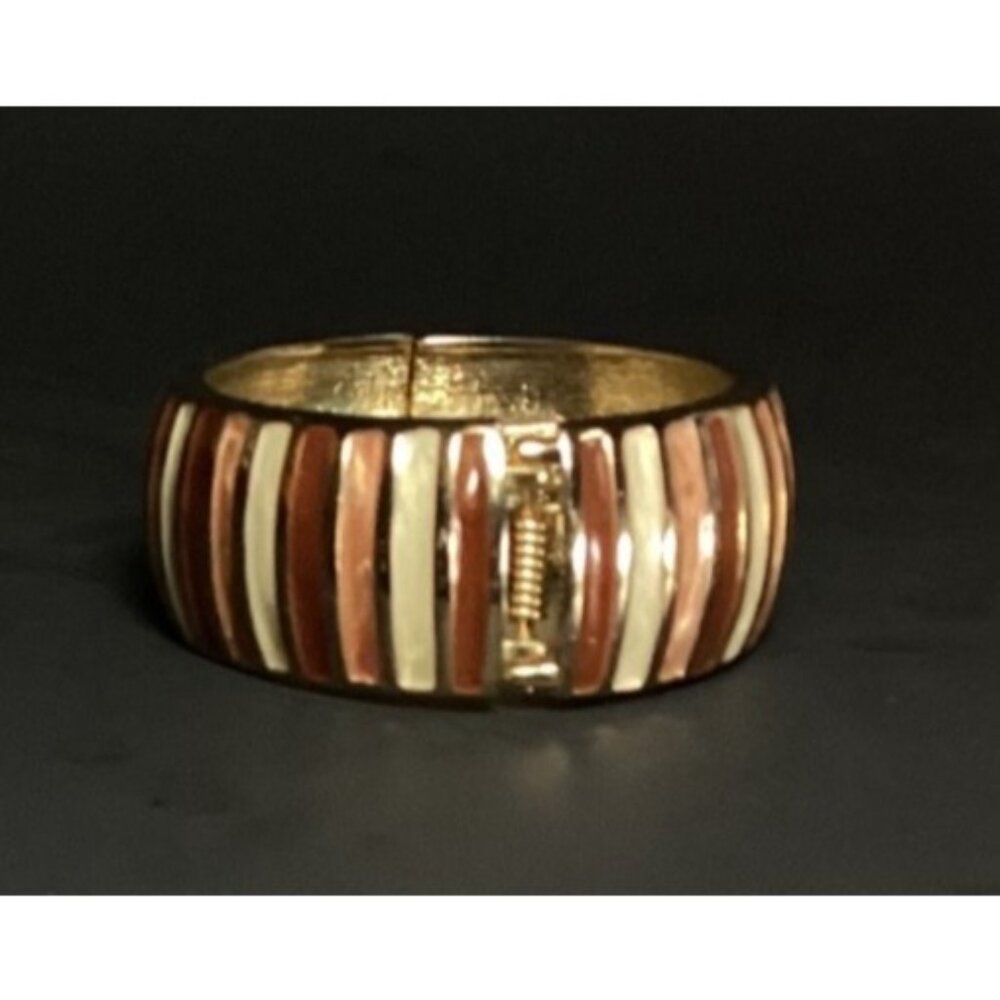 Vintage Copper Rose & Cream Striped Wide Hinged Clamper Bracelet Gold-Toned - Picture 7 of 8